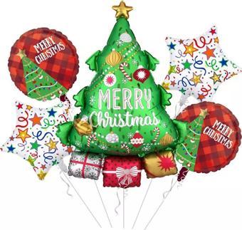 Yılbaşı Yeniyıl Dekorasyonu Helyuma Uyumlu Yılbaşı Ağacı Folyo Balon Seti 5 Parça Christmas Balloons