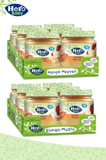 Hero Baby 125 Gr Karışık Meyveli, Elmalı Muzlu Kavanoz Mama 12 Adet 4 Aylık, 5 Aylık