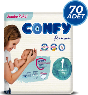 Confy Premium 1 Numara Bebek Bezi Yenidoğan 2 - 5 Kg 70 Adet