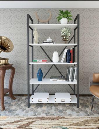 Wood House - Deniz Metal 5 Raflı Kitaplık-Beyaz