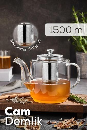 1500 ml Isıya Dayanıklı Süzgeçli Cam Demlik