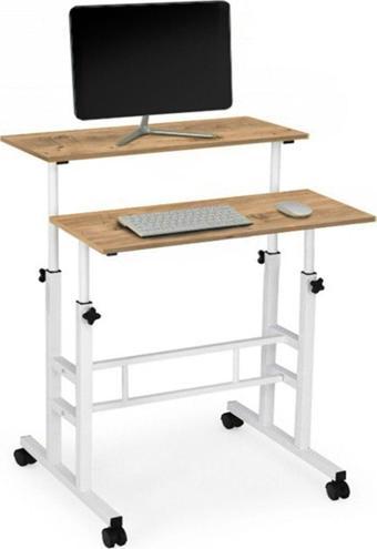 sekizincicaddedizayn Yükseklik Ayarlı Bilgisayar/laptop Ve Çalışma Masası - Çam Beyaz 80x60 (TEKERLİ) Oval Kenar
