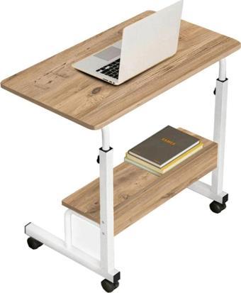 sekizincicaddedizayn Yükseklik Ayarlı Raflı Laptop Sehpası Ve Çalışma Masası - Atlantik Çam Beyaz (TEKERLİ) 70x40