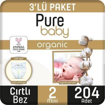 Pure Baby Organik Pamuklu Cırtlı Bez 3'Lü Paket 2 Numara Mini 204 Adet