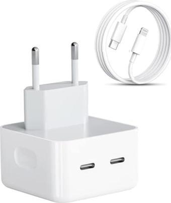 Apple iPhone Uyumlu USB-C - Lighting 35W Hızlı Şarj Cihazı Çift Çıkışlı Aynı Anda 2 Cihaz Çıkışlı