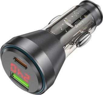 Coofbe Super Şarj Dijital Göstergeli USB+Type-C Giriş PD48W Araç Çakmaklık Şarjı Araç Hızlı Şarj Aleti