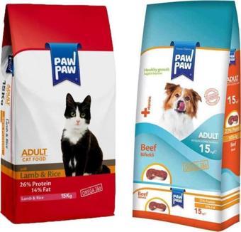 Paw Paw Kuzulu ve Pirinçli Yetişkin Kedi Maması 15 Kg + Biftekli Yetişkin Köpek Maması 15 kg