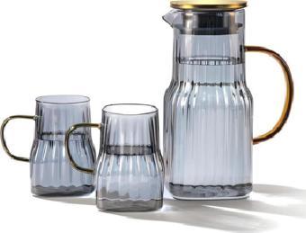 Arow Mia 2 Bardaklı Borosilikat Cam Sürahi Takımı Gri 1400 Ml TR-3984