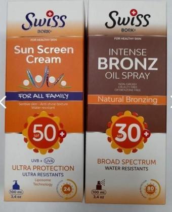 Swiss Bork Leke Karşıtı Güneş Kremi SPF50+ 100 ml + Swiss Bork Bronzlaştırıcı Güneş Spreyi SPF30+ 100 ml