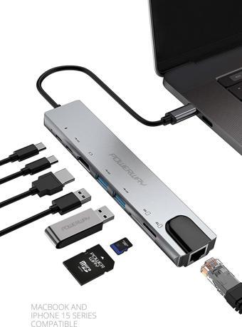 Powerway Type-C Hub Dönüştürücü Hdmi Usb Micro Sd Çevirici 8 Girişli Çoğaltıcı Universal Uyumluluk