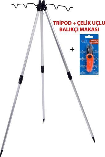 Exent Makas + 3 Ayaklı Alüminyum Teleskopik, katlanabilir hafif kamış ve olta dayama Sehpası (Tripod)