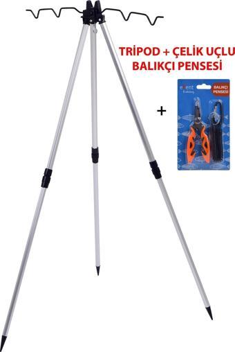 Exent Pense + 3 Ayaklı Alüminyum Teleskopik, katlanabilir hafif kamış ve olta dayama Sehpası (Tripod)