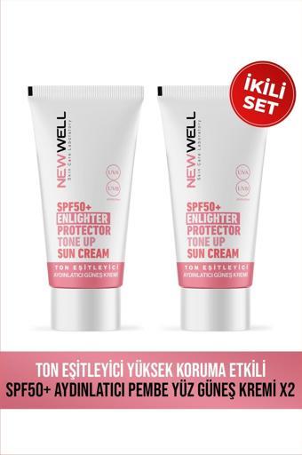 New Well 2 Adet Ton Eşitleyici Yüksek Koruma Etkili Spf50+ Aydınlatıcı Pembe Yüz Güneş Kremi 50 ML