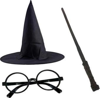 Harry Potter Siyah Şapkası Harry Potter Gözlüğü Harry Potter Asası 3 lü Set