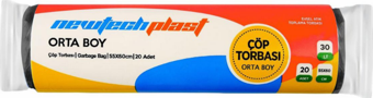 Newtechplast Çöp Torbası, Orta Boy, Siyah, 55 X 60 cm., 80 gr. (1 Rulo 20 Adet)