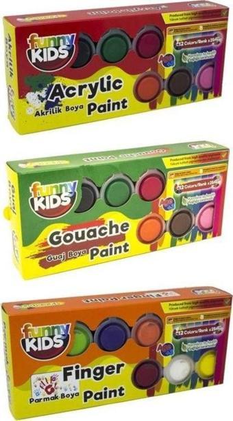 Funny Kids 36x25 ml. Boya Seti (12 Akrilik, 12 Guaj, 12 Parmak)