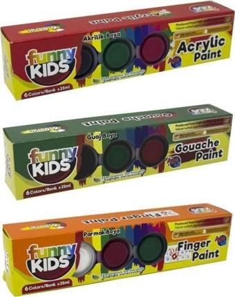 Funny Kids 18x25 ml. Boya Seti (6 Akrilik, 6 Guaj, 6 Parmak)