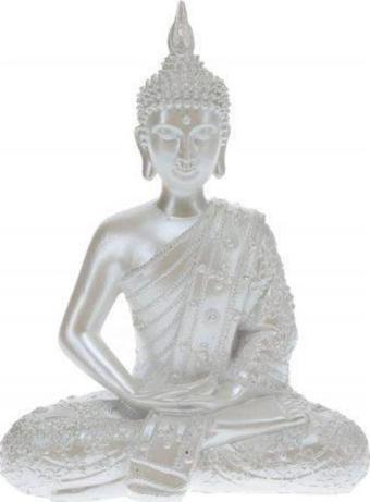 Meditasyon Yapan Dekoratif Buddha Heykeli, Gümüş Renkli, 27 Cm