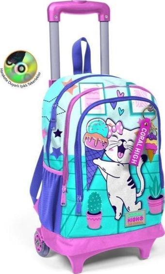 Coral High Kids Turkuaz Pembe Dondurmalı Kedi Desenli Üç Bölmeli Çekçekli Okul Sırt Çantası 23951