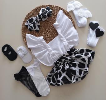 MARS BABY Kız Bebek Siyah Beyaz Zebra Fırfırlı Salopet Bandana Çorap Takım