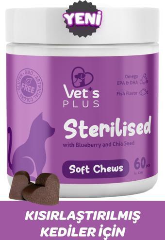 Vet's Plus Sterilised Çiğnenebilir Tablet 60'lı (Kısır Kediler için Yaban Mersinli Urinary Destek)