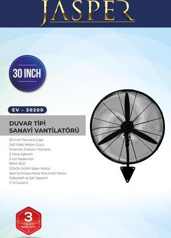 Jasper Essenti EV-30200 30'' Sanayi Tipi Duvar Vantilatörü 240W