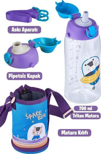 Uzspace 700 ml Kılıflı 2 Ayrı Kapaklı Pipetli/Pipetsiz Tritan Çocuk Su Matarası