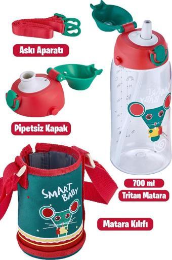 Uzspace 700 ml Kılıflı 2 Ayrı Kapaklı Pipetli/Pipetsiz Tritan Çocuk Su Matarası