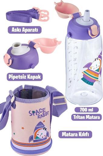 Uzspace 700 ml Kılıflı 2 Ayrı Kapaklı Pipetli/Pipetsiz Tritan Çocuk Su Matarası