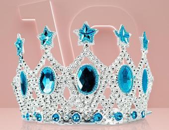 Çocuk Kraliçe Tacı - Mavi Yıldız İşlemeli Prenses Tacı 15x7 cm
