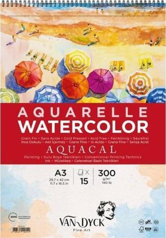 Van Dyck Aquacal Cold Press İnce Dokulu Sulu Boya Blok 300 gr 15 yp A3 Spiralli