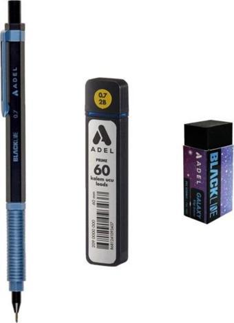 Adel Blackline Metal Gövdeli Versatil Kalem 0.7 Mm MAVİ-SİYAH + Prıme 0,7 Uç 60'lı + Silgi