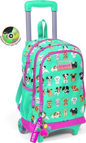 Coral High Kids Su Yeşili Neon Pembe Köpek Desenli Üç Bölmeli Çekçekli Okul Sırt Çantası 23362