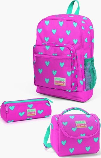 Coral High Kids Neon Pembe Su Yeşili Kalp Desenli 3’lü Okul Çanta Seti SET0123113