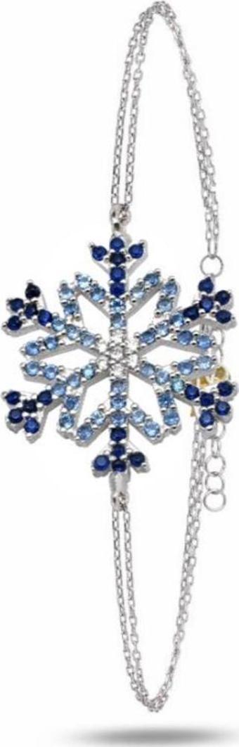 Diamond Seri Aqua-Safir Taşlı Kar Tanesi Snowflake Gümüş Bileklik