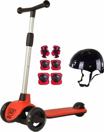 Şeker Adası Let's Ride Kaliteli Kırmızı 3 Teker Işıklı Scooter ve Kask- Dizlik- Dirseklik Set