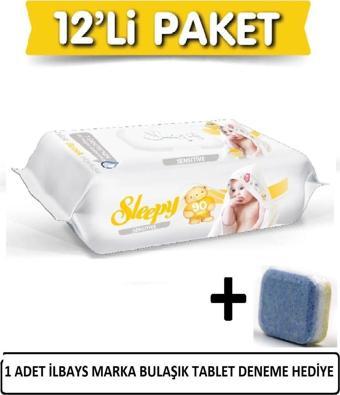 Sleepy Sensitive Islak Havlu 12x90 Lı 12 Paket 1080 Yaprak+İLBAYS 1 ADET BULAŞIK TABLET