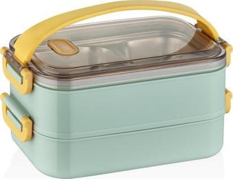Vagonlife Bento Lunch Box Ofis-Okul İçin Yeni Nesil Sefer Tası 2 kat Taşıma Kulplu Çelik FF367