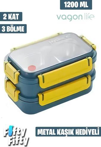 Vagonlife Lunch Box 1200 ML İki Kat Üç Bölme Paslanmaz Çelik-Metal Kaşıklı-FFLBOX2215