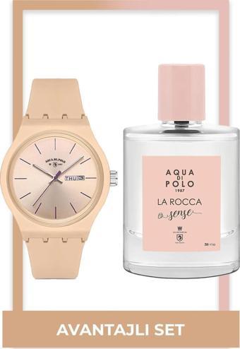 Aqua Di Polo 1987  La Rocca Sense Edp 50 Ml & Kadın Bej Saat Seti STWX000112