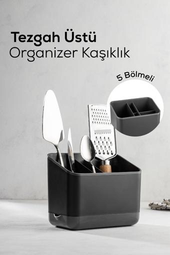 Tezgah Üstü Kaşık Düzenleyici 5 Bölmeli Organizer Kaşıklık Antrasit