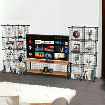 Bambu Ahşap ve Metal Detaylı TV Ünitesi & Sekizli Tel Küp Raf Sistemi - Modern Tasarım Model-1