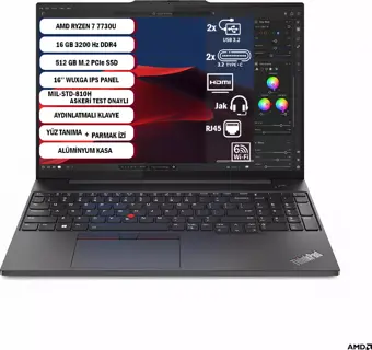 Lenovo ThinkPad E16 Gen 1 21JT0017TX Ryzen 7 7730U 16 GB 512 GB SSD Radeon Graphics 16" WUXGA Notebook