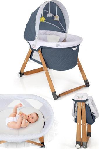 Kiwi Sleeper All İn One Naturel Ahşap Sallanabilen Katlanır Tekerli Bebek Beşiği Yaprak Desenli Mavi