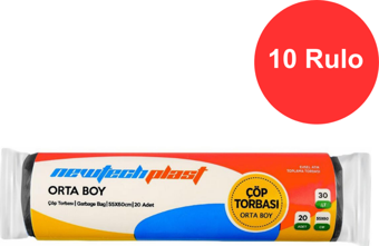 Newtechplast Çöp Torbası, Orta Boy, Siyah, 55 X 60 cm., 80 gr. 10 Rulo