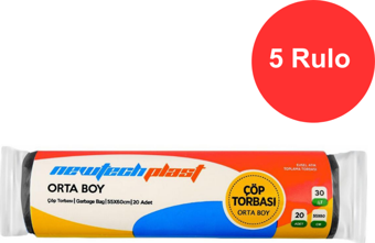 Newtechplast Çöp Torbası, Orta Boy, Siyah, 55 X 60 cm., 80 gr. 5 Rulo