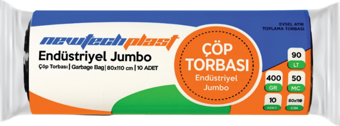 Newtechplast Endüstriyel Jumbo Boy Çöp Torbası, Siyah, 80 x 110 cm., 400 gr., 10 Rulo