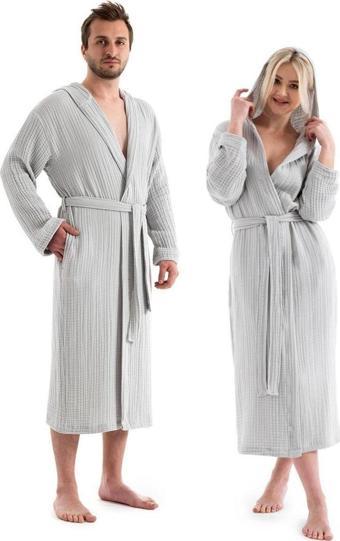 Denizli Concept Unisex Kapşonlu 4 Kat Müslin Bornoz - Gri