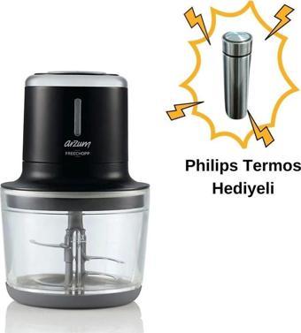 Arzum AR1128 Freechopp Cam Hazneli Şarjlı Doğrayıcı + Philips Termos Hediyeli