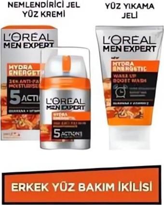 L'Oréal Paris Men Expert Erkek Yüz Bakım İkilisi Hydra Energetic Yüz Yıkama Jeli 100ml Nemlendirici Jel Yüz Kremi 50ml